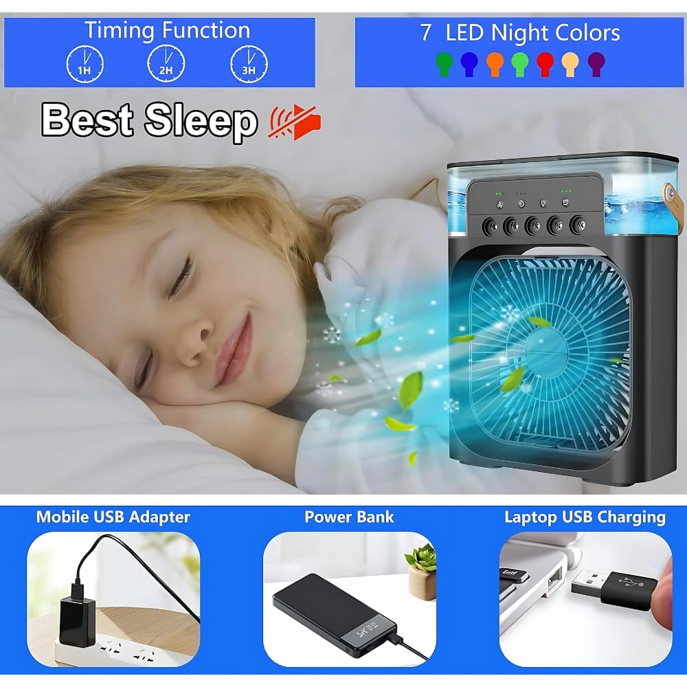 “Portable Humidified Air Cooler – 3-in-1 Cooling Fan with Mist & LED Light”